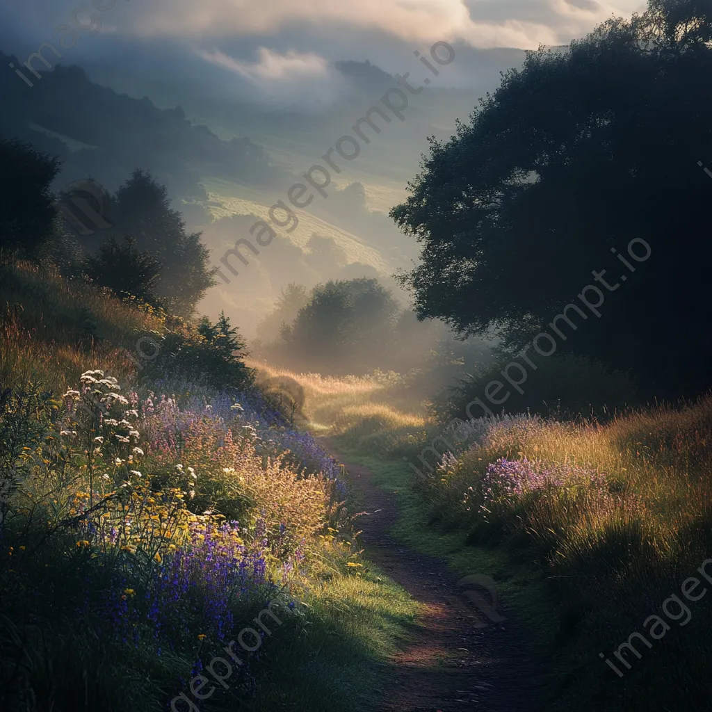 Winding path through a foggy valley with wildflowers - Image 1