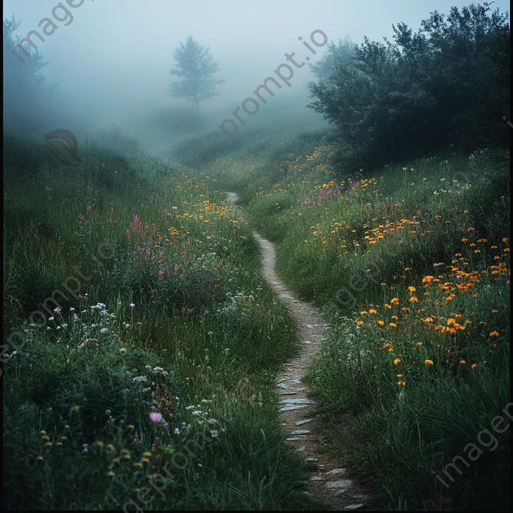 Winding path through a foggy valley with wildflowers - Image 2