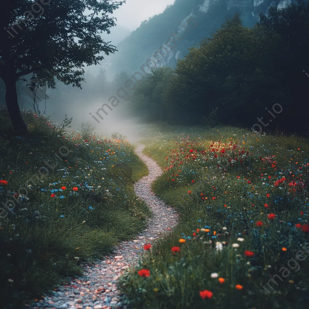 Winding path through a foggy valley with wildflowers - Image 3