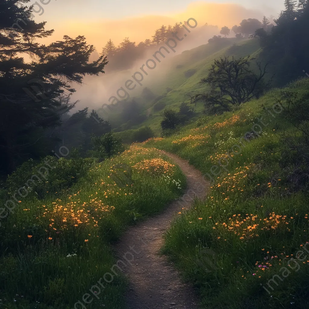 Winding path through a foggy valley with wildflowers - Image 4