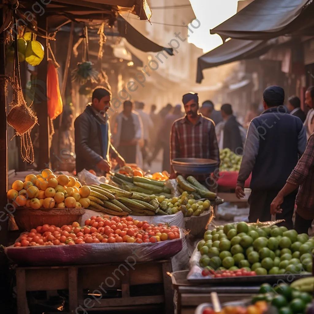 Busy street market with fresh fruits and vegetables during golden hour, people engaging in conversation. - Image 1