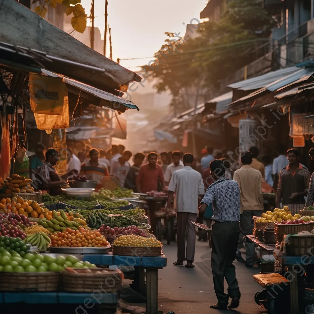 Busy street market with fresh fruits and vegetables during golden hour, people engaging in conversation. - Image 2