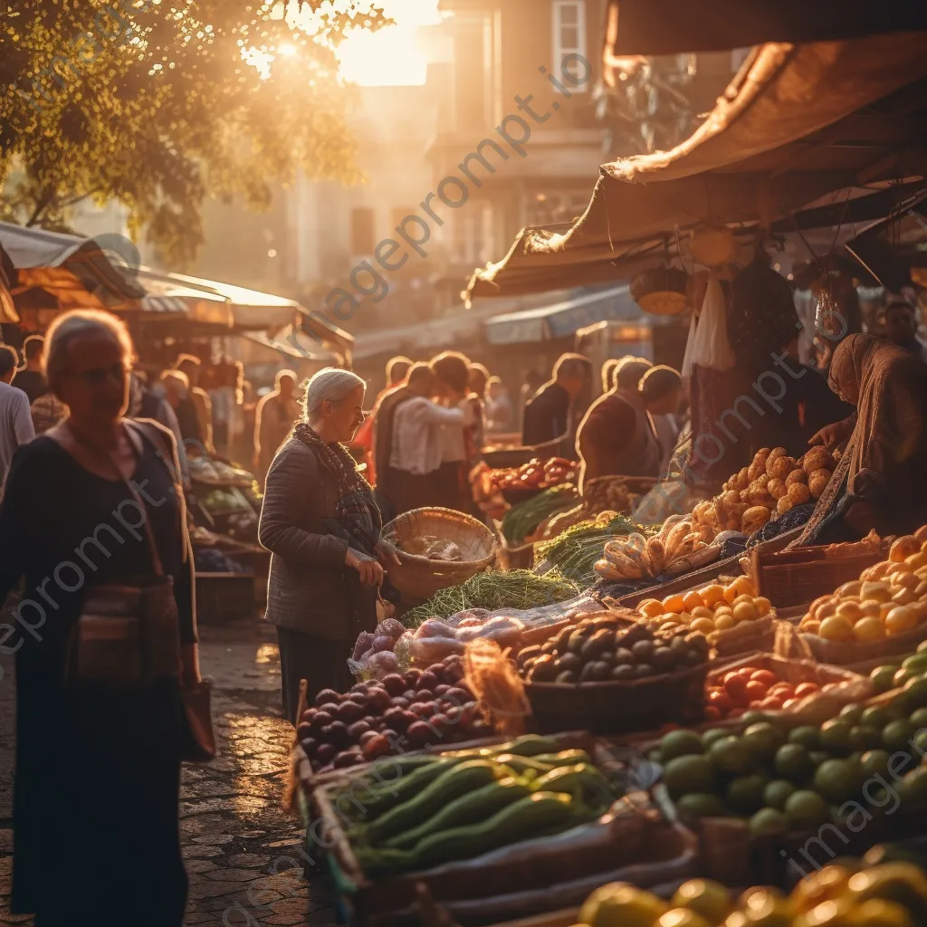 Busy street market with fresh fruits and vegetables during golden hour, people engaging in conversation. - Image 3