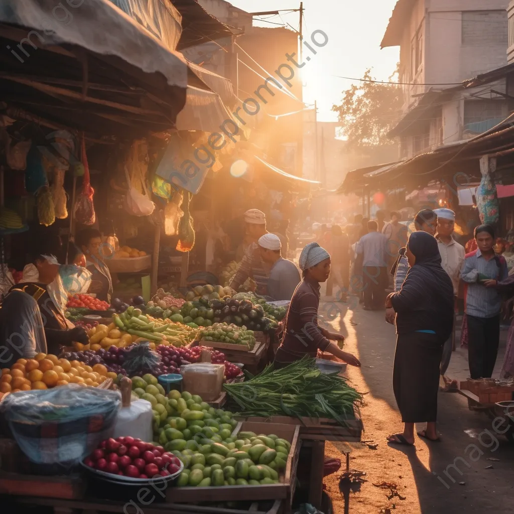 Busy street market with fresh fruits and vegetables during golden hour, people engaging in conversation. - Image 4