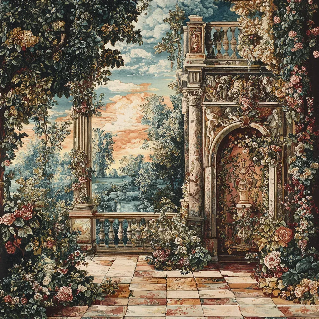 Artistic rendering displaying the grandeur and diverse textures of a Baroque tapestry - Image 1