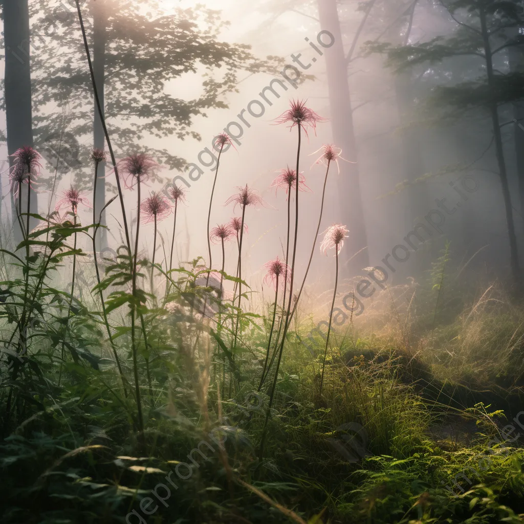 Misty forest understory with tall grasses and flowers surrounded by fog. - Image 1