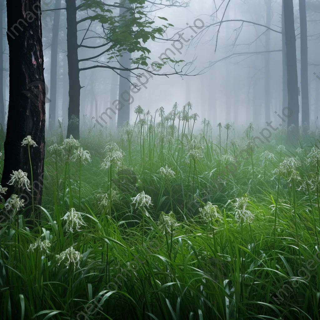 Misty forest understory with tall grasses and flowers surrounded by fog. - Image 2