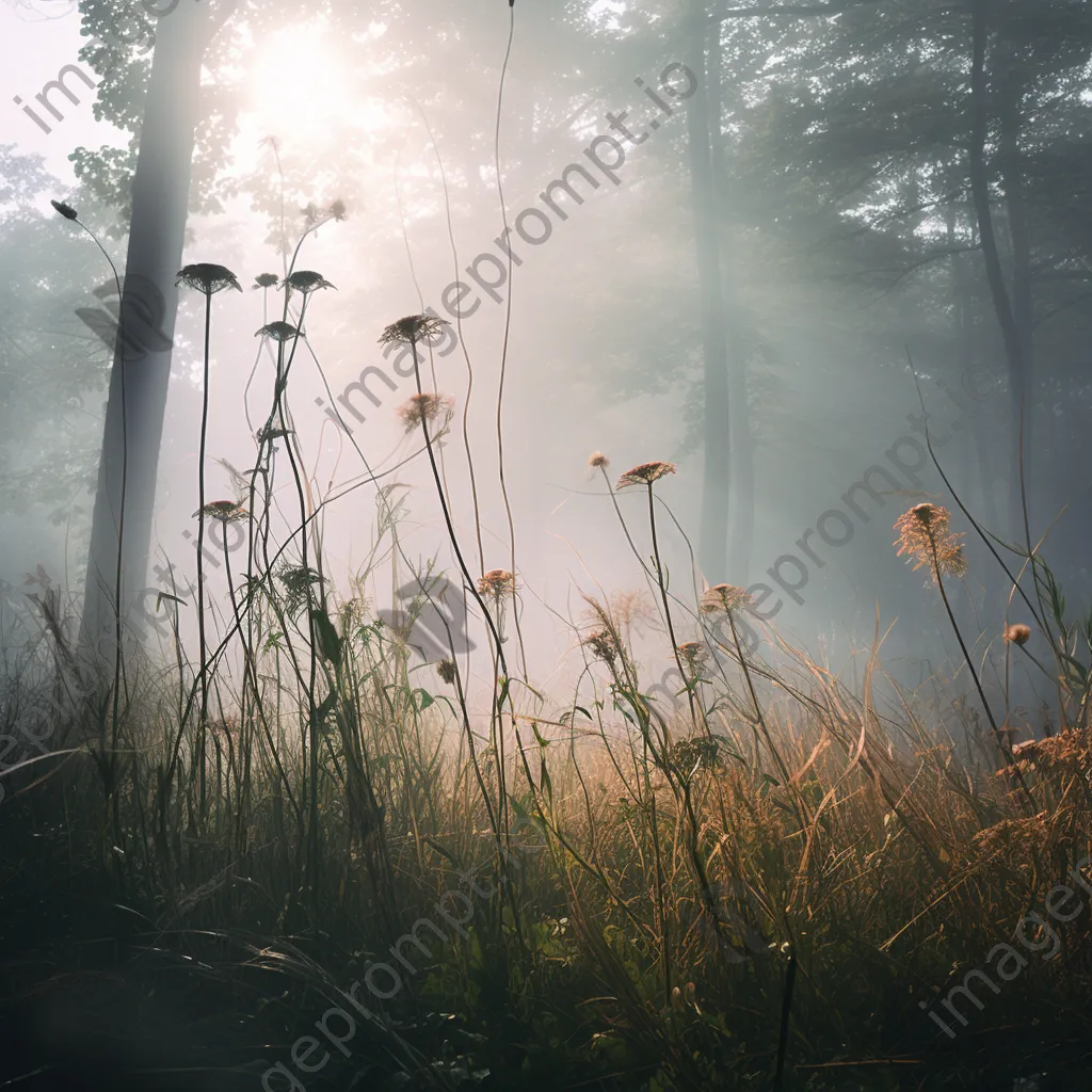 Misty forest understory with tall grasses and flowers surrounded by fog. - Image 3