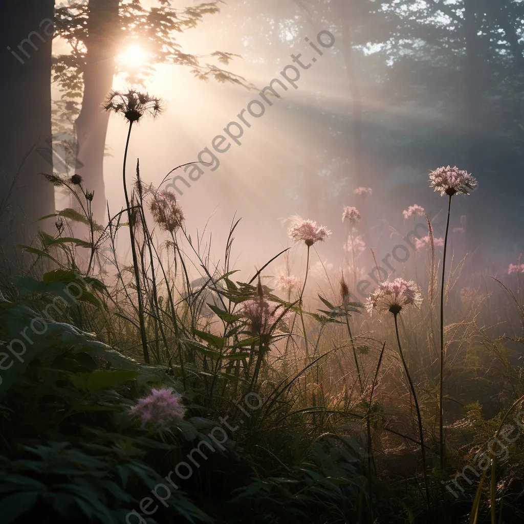 Misty forest understory with tall grasses and flowers surrounded by fog. - Image 4