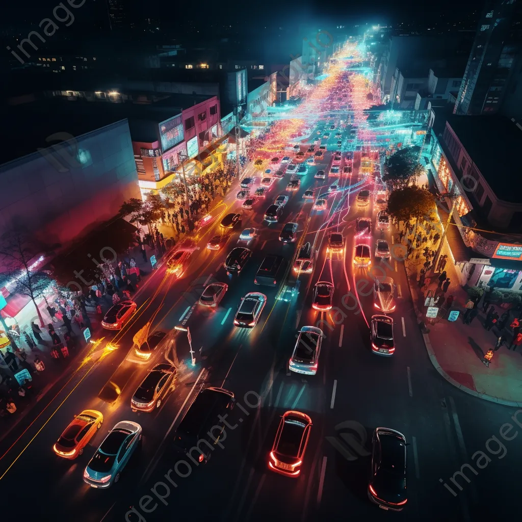 Street view of vehicles adorned with neon lights - Image 1