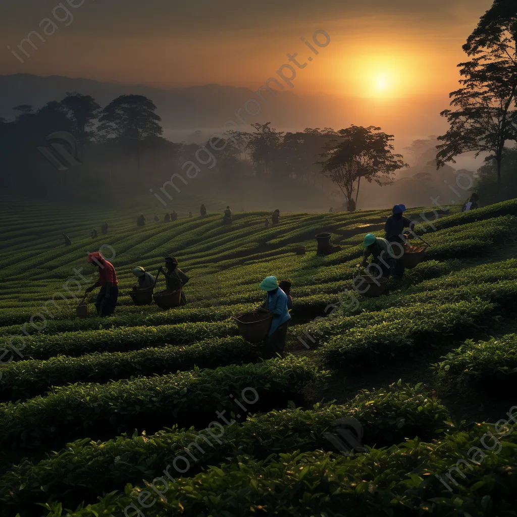 Workers preparing to gather tea leaves at dawn - Image 1