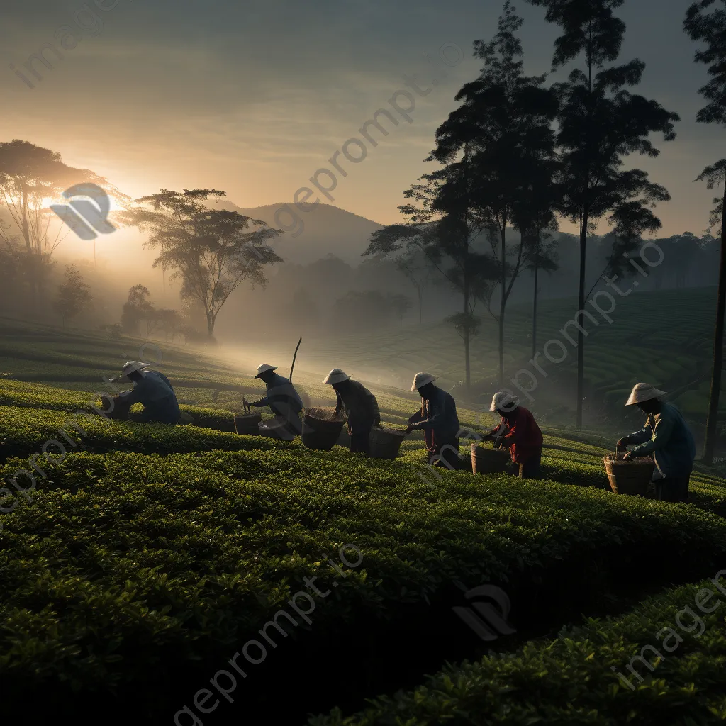 Workers preparing to gather tea leaves at dawn - Image 2