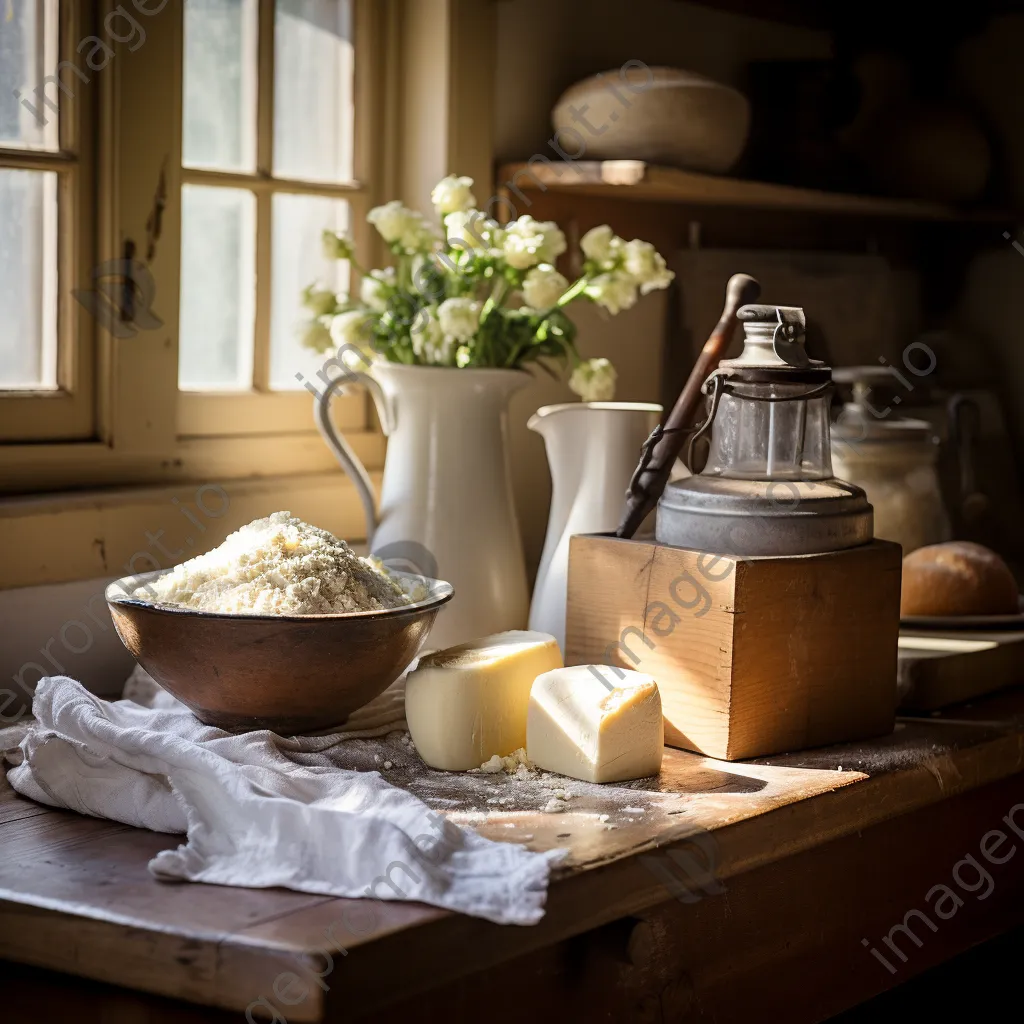 Traditional butter churn in a sunlit kitchen corner with farm produce and flour sacks - Image 1