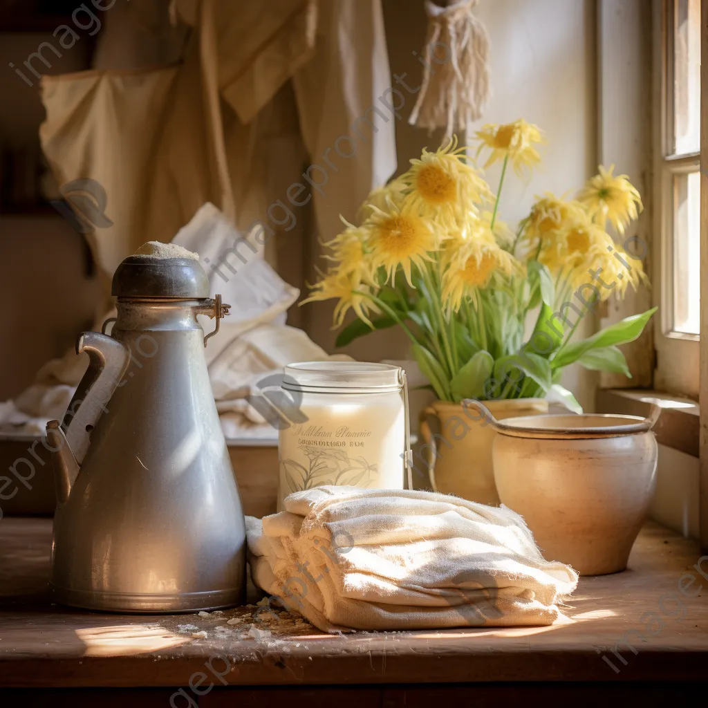 Traditional butter churn in a sunlit kitchen corner with farm produce and flour sacks - Image 2