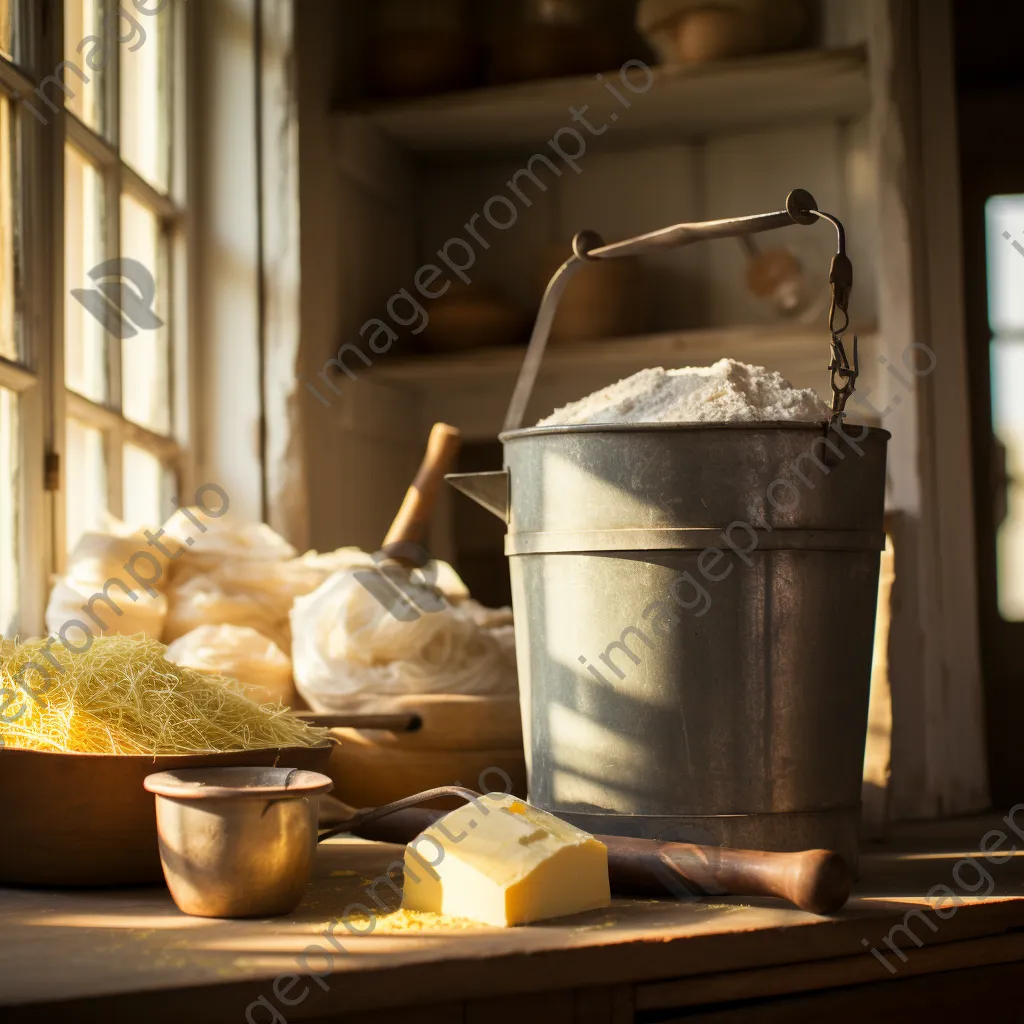 Traditional butter churn in a sunlit kitchen corner with farm produce and flour sacks - Image 3