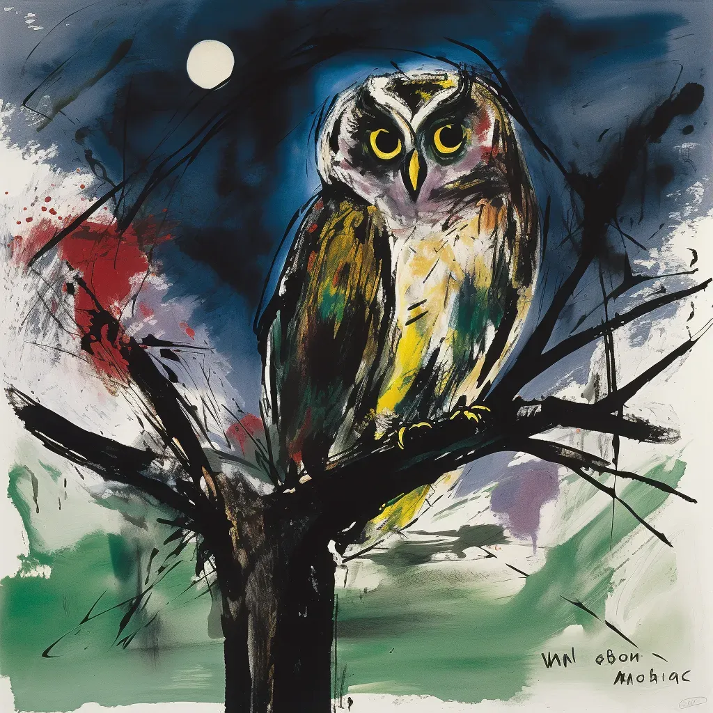 Old owl perched on a tree branch under moonlight symbolizing wisdom - Image 1