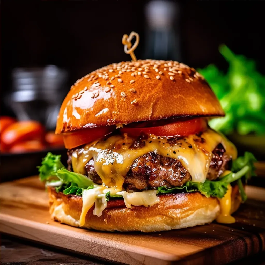 Gourmet cheeseburger on wooden board, shot on OnePlus 9 Pro - Image 4