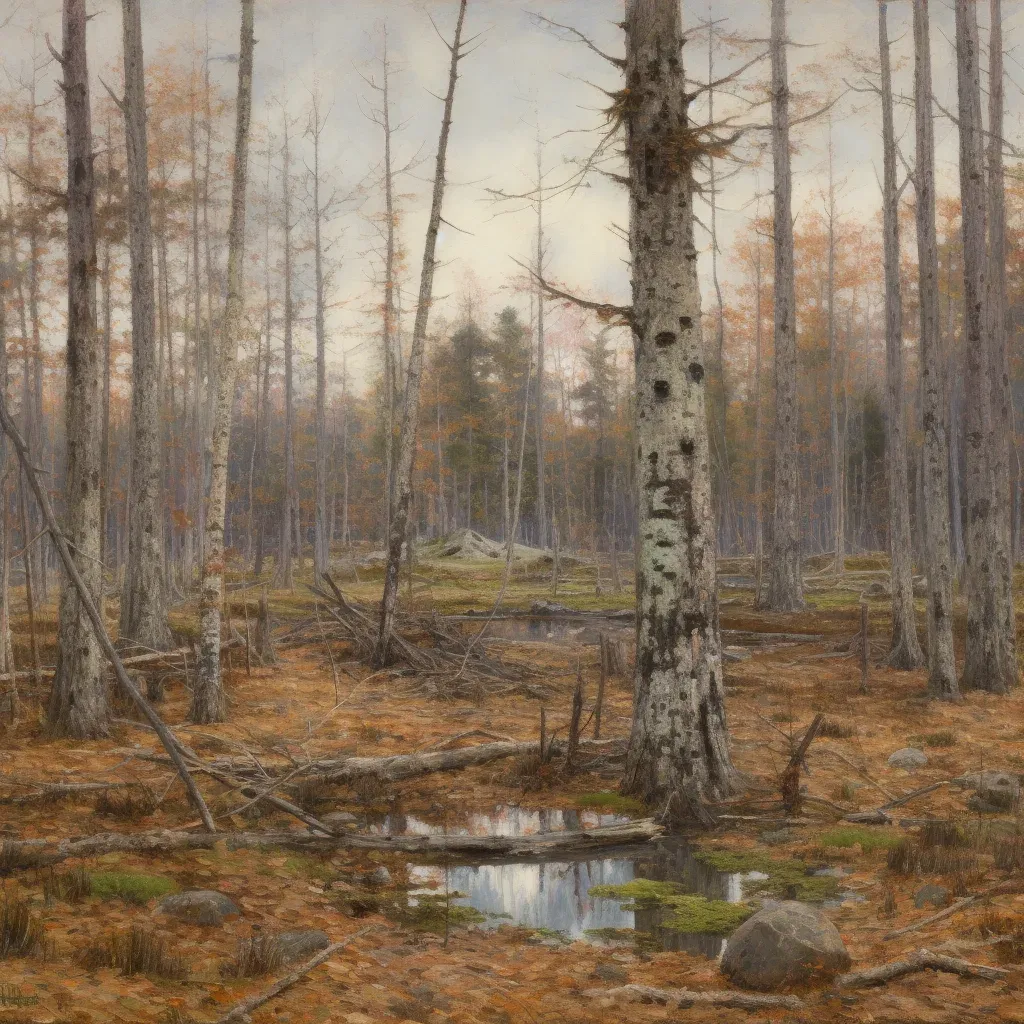 Forest being devastated by acid rain, with trees losing their leaves and bark peeling off - Image 4