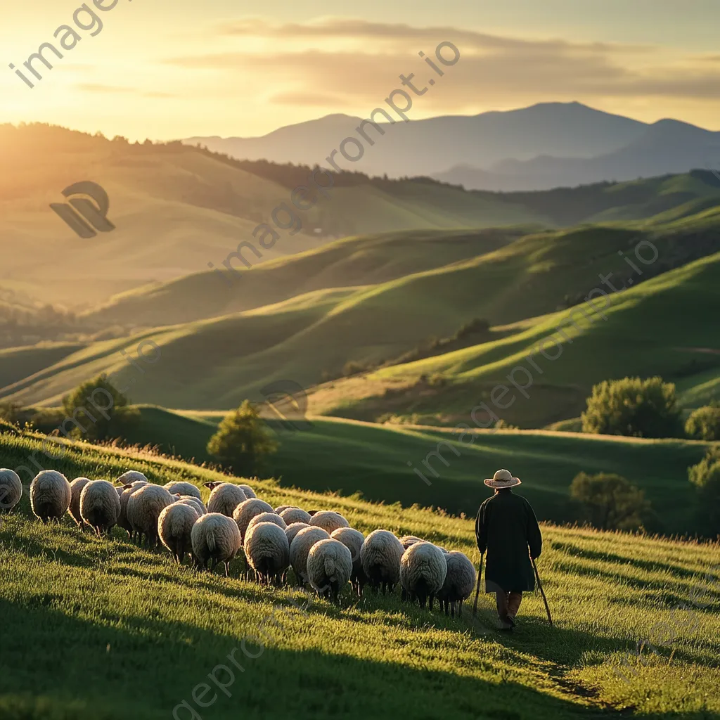 Shepherd guiding sheep across green hills during sunset - Image 2