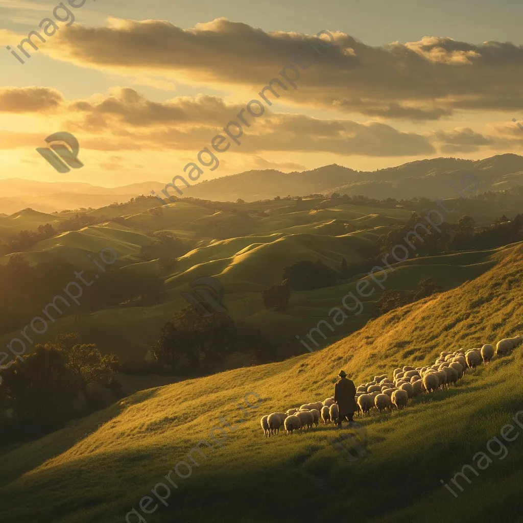 Shepherd guiding sheep across green hills during sunset - Image 3