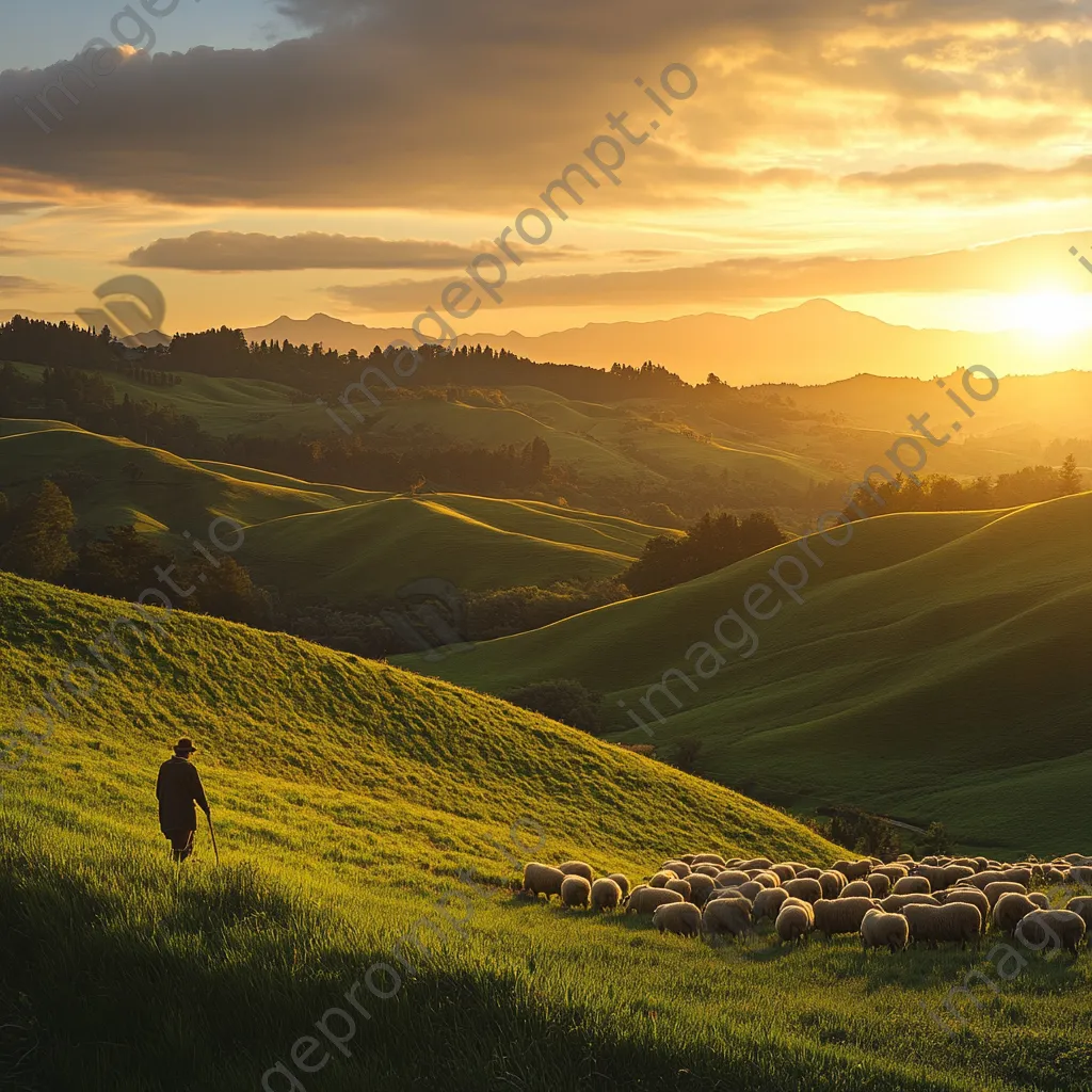 Shepherd guiding sheep across green hills during sunset - Image 4