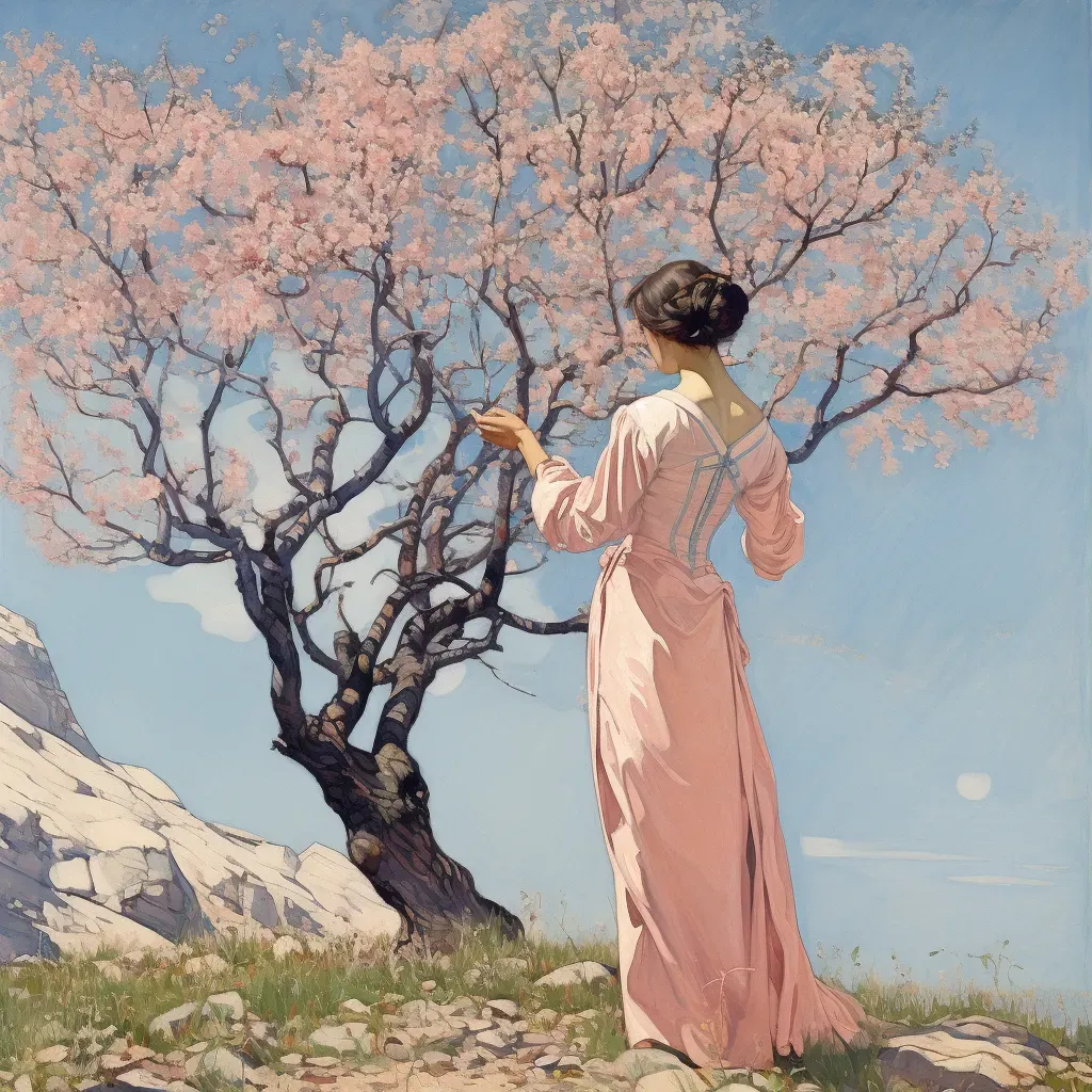 Figure under blossoming tree with falling petals - Image 1