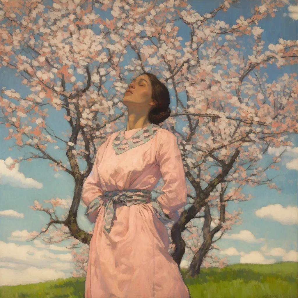 Figure Under Blooming Tree with Falling Petals