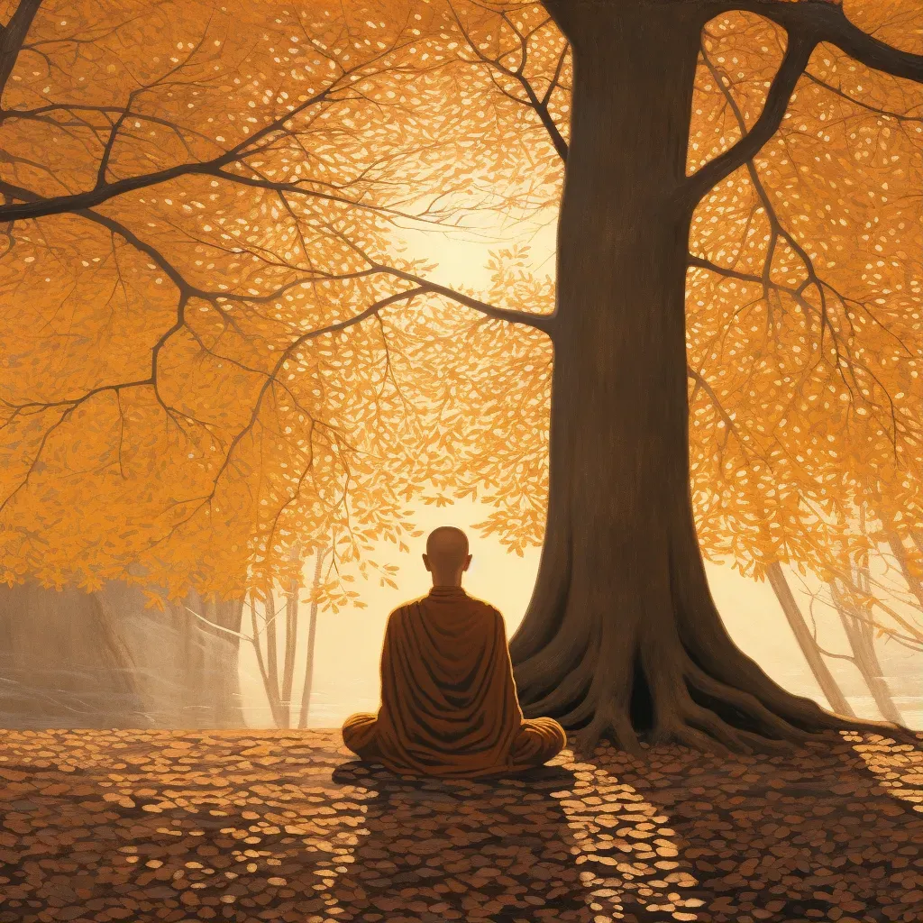 Young monk meditating under a Bodhi tree with golden leaves in the morning light - Image 1