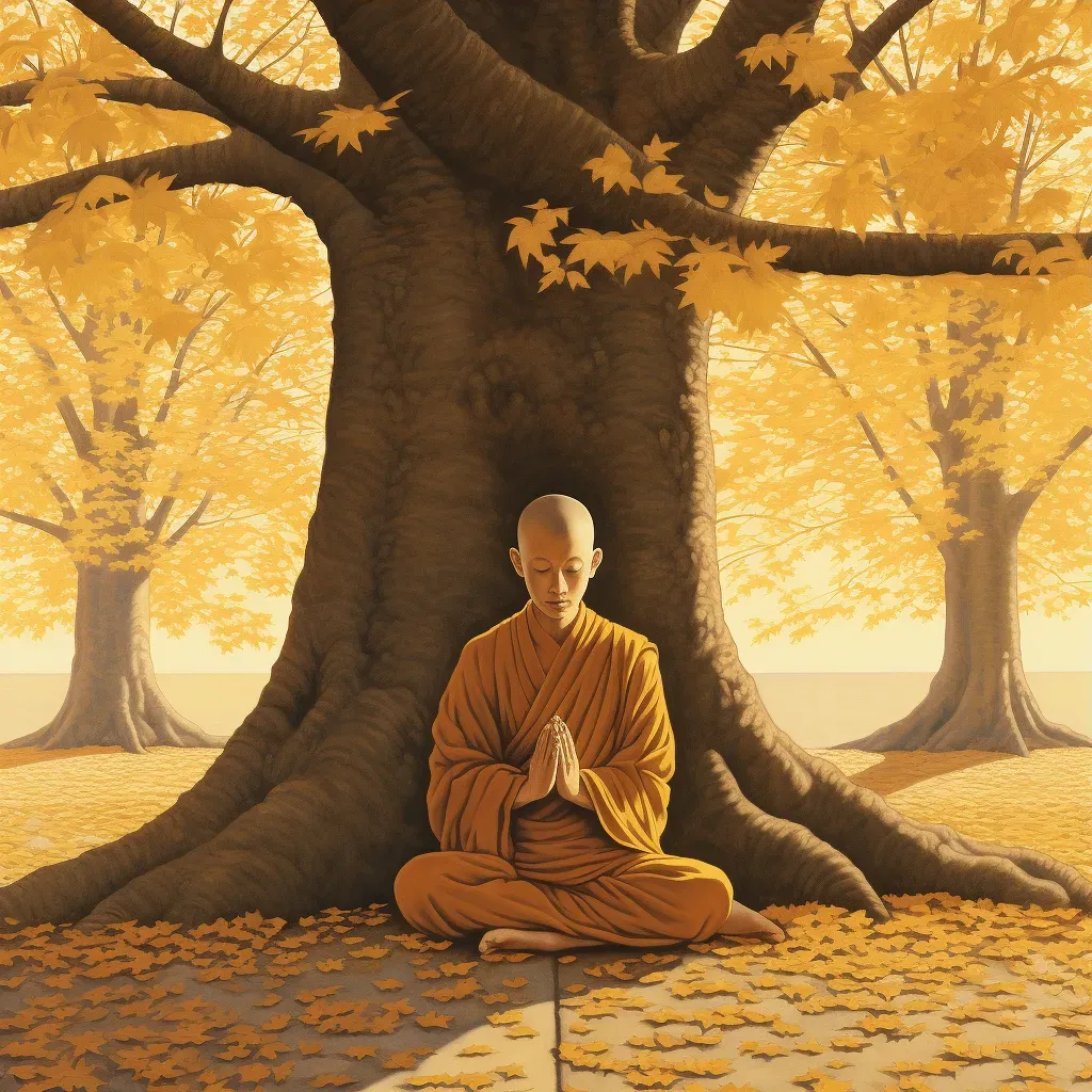 Young monk meditating under a Bodhi tree with golden leaves in the morning light - Image 3