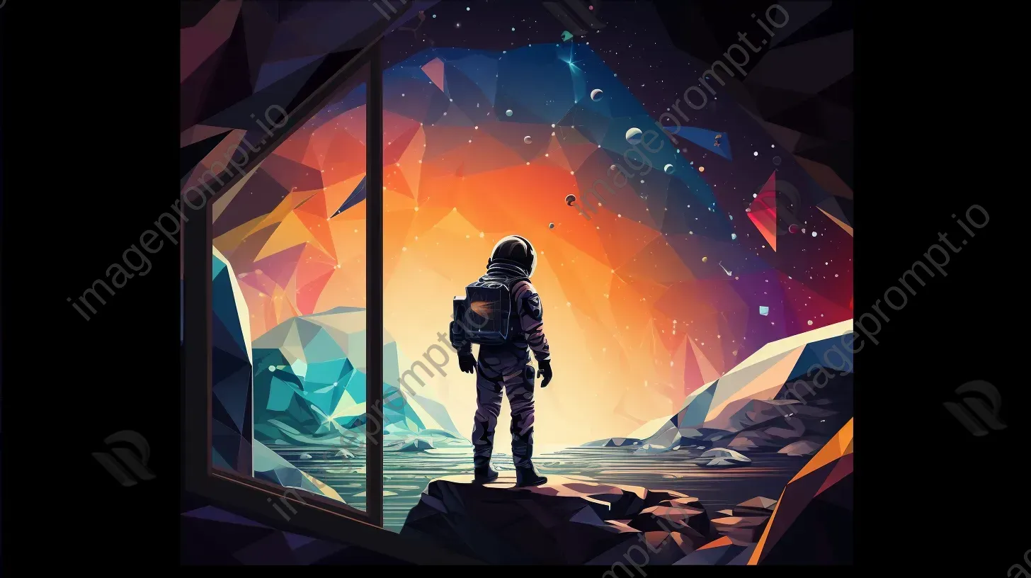 Low poly astronaut encountering an alien through a spaceship window employing glass painting designs - Image 4