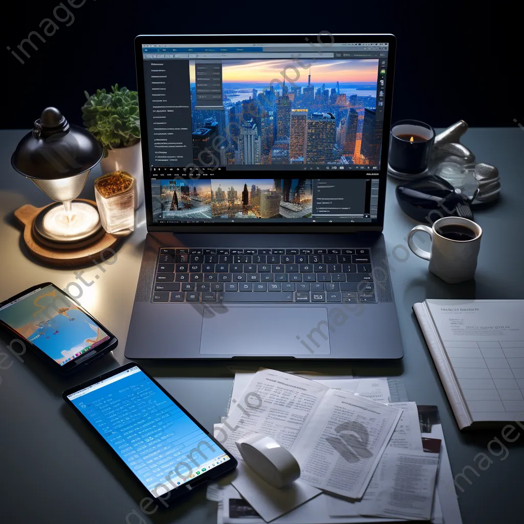 Office desk with laptop and planner under bright lights - Image 1