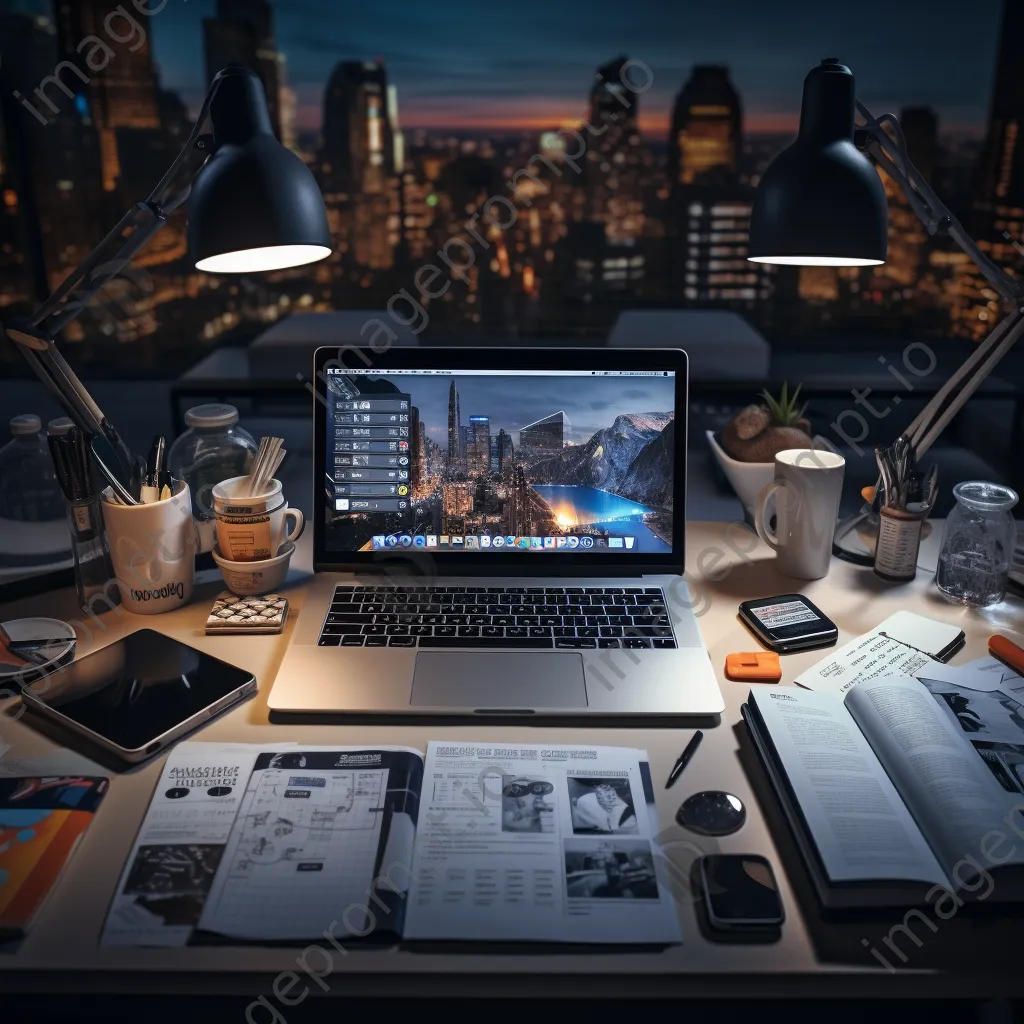 Office desk with laptop and planner under bright lights - Image 4