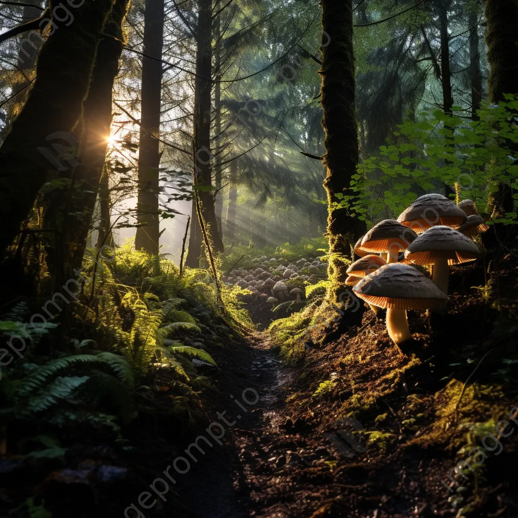 Forest pathway with wild mushrooms and sunlight - Image 2