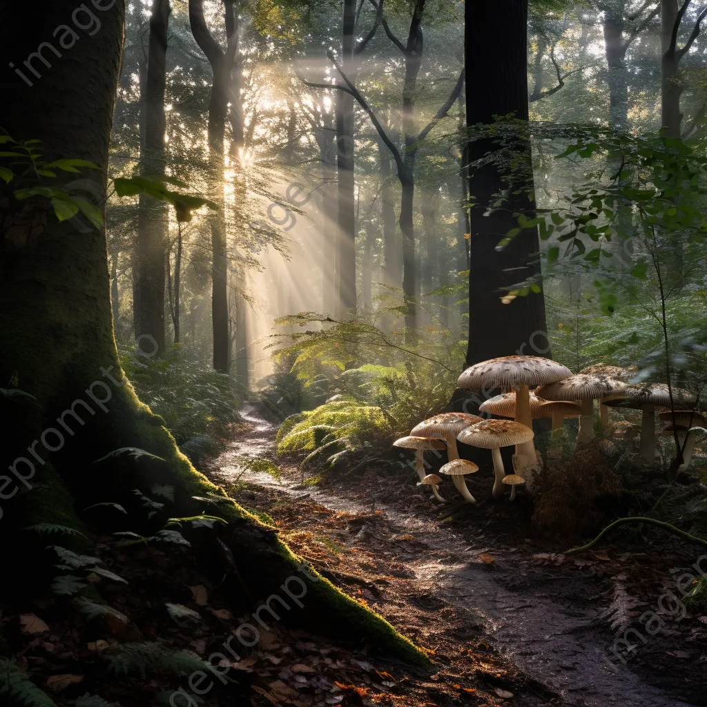 Forest pathway with wild mushrooms and sunlight - Image 3