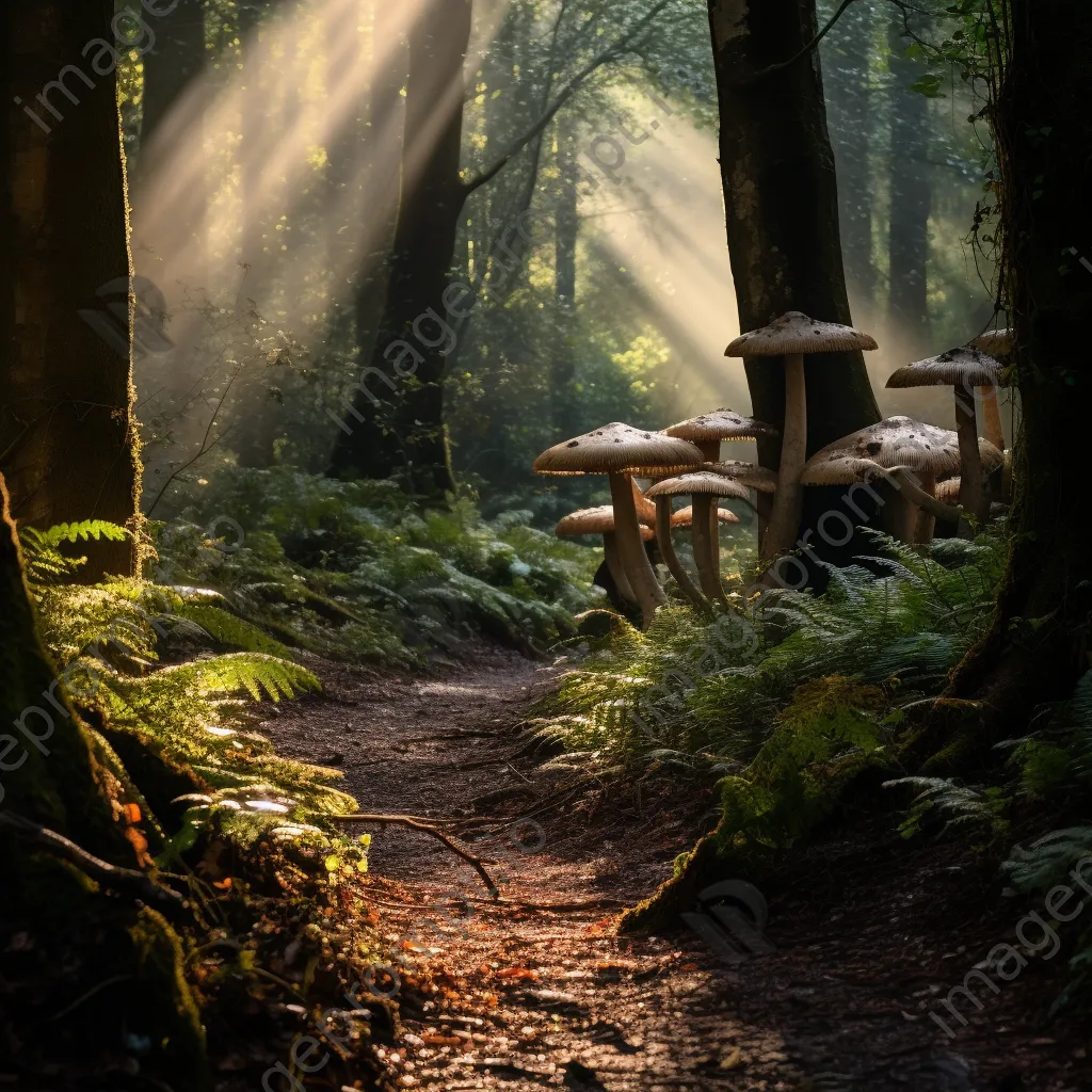 Forest pathway with wild mushrooms and sunlight - Image 4