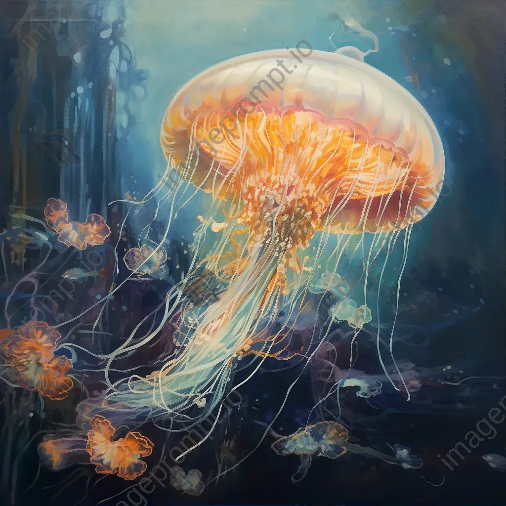 Primitivist style painting of a glowing jellyfish in the deep ocean - Image 1