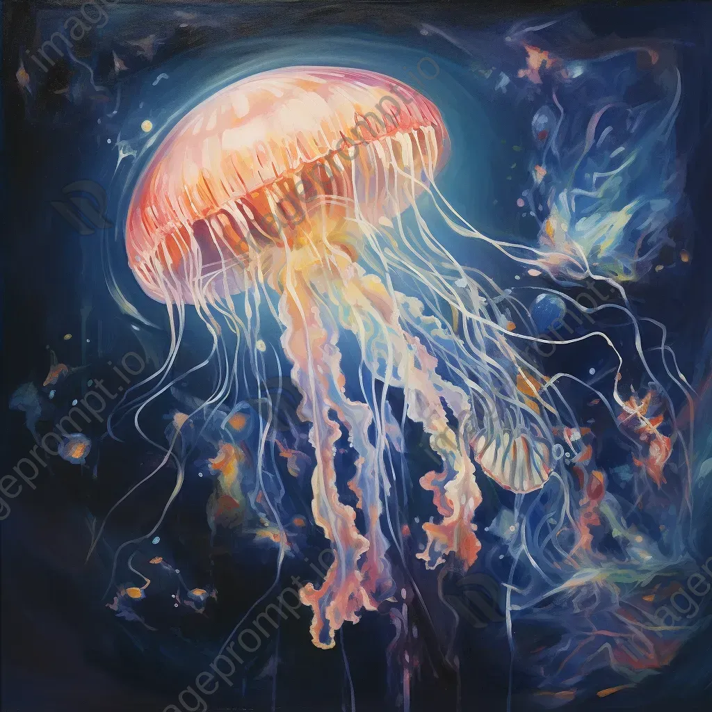 Primitivist style painting of a glowing jellyfish in the deep ocean - Image 4