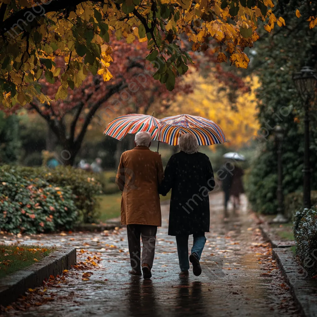 Elderly couple walking under a striped umbrella in autumn rain - Image 1