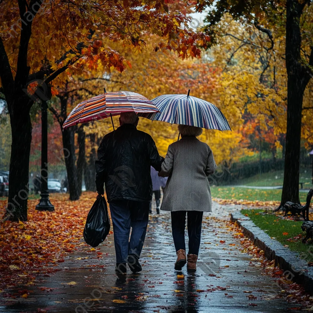 Elderly couple walking under a striped umbrella in autumn rain - Image 2