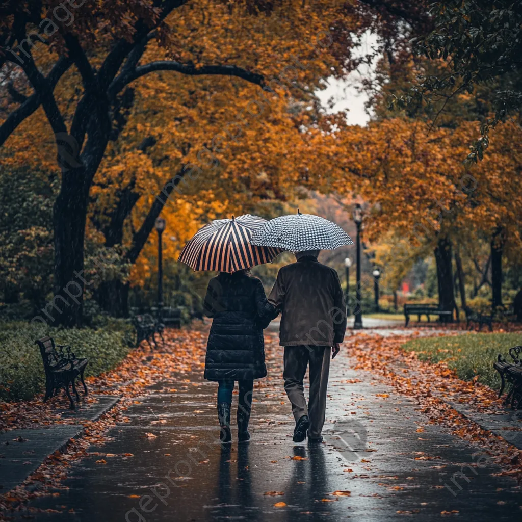 Elderly couple walking under a striped umbrella in autumn rain - Image 4