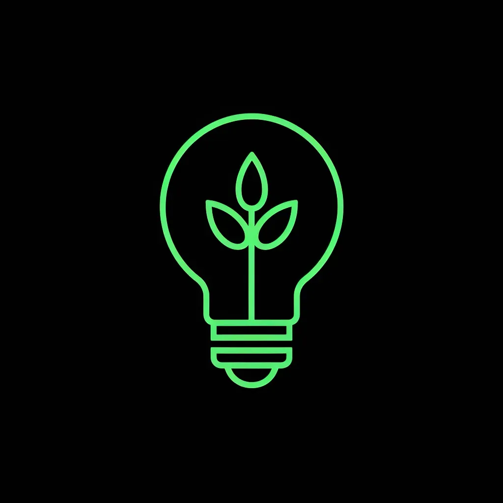 Logo featuring a monoline illustration of a light bulb with a plant growing inside, in green and black. - Image 1