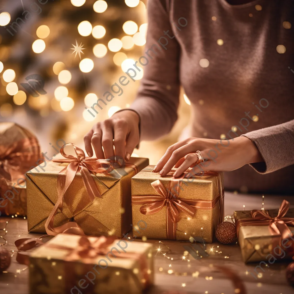 Hands wrapping gifts in festive Christmas paper - Image 1