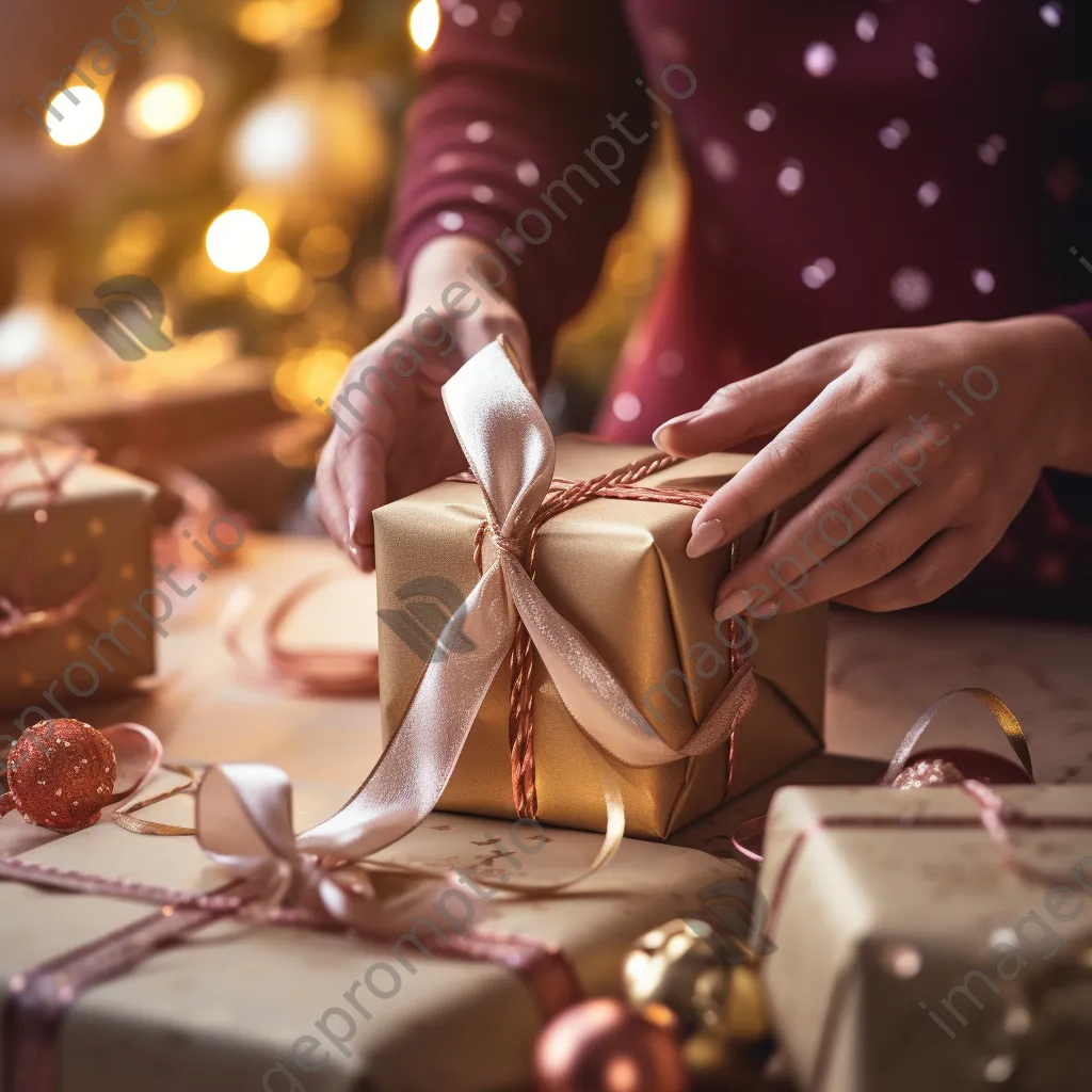 Hands wrapping gifts in festive Christmas paper - Image 2