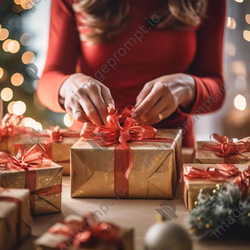 Hands wrapping gifts in festive Christmas paper - Image 3