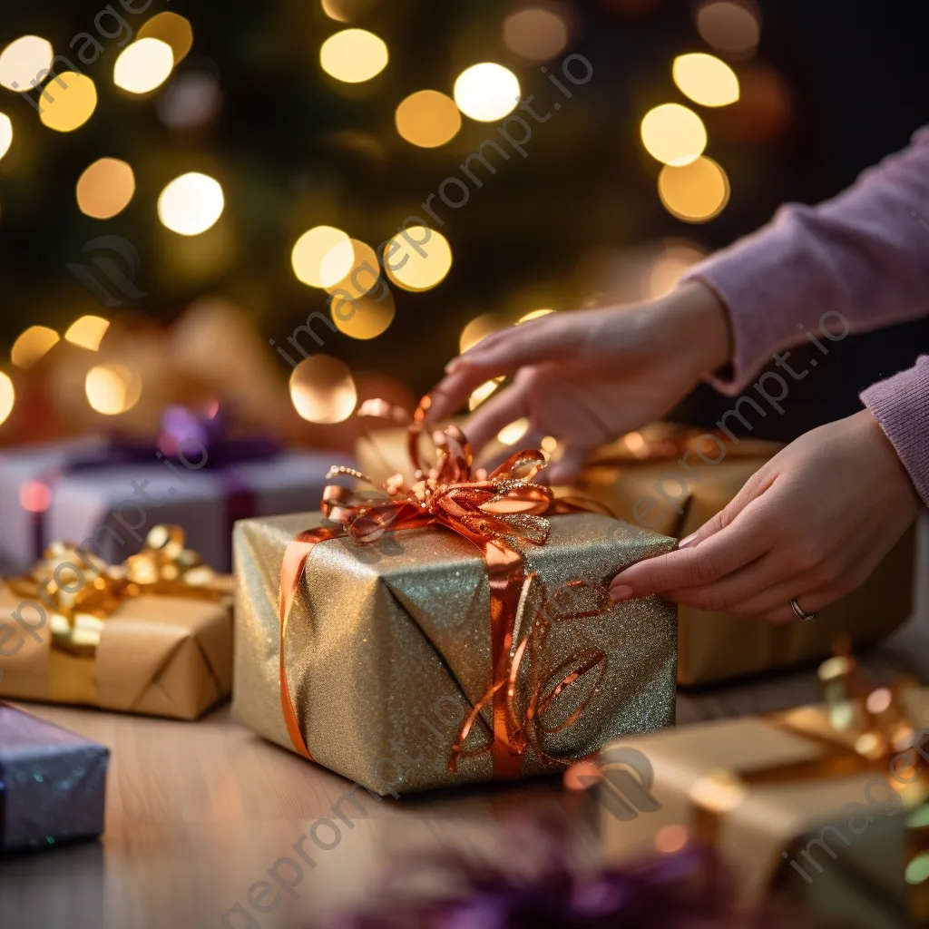 Hands wrapping gifts in festive Christmas paper - Image 4