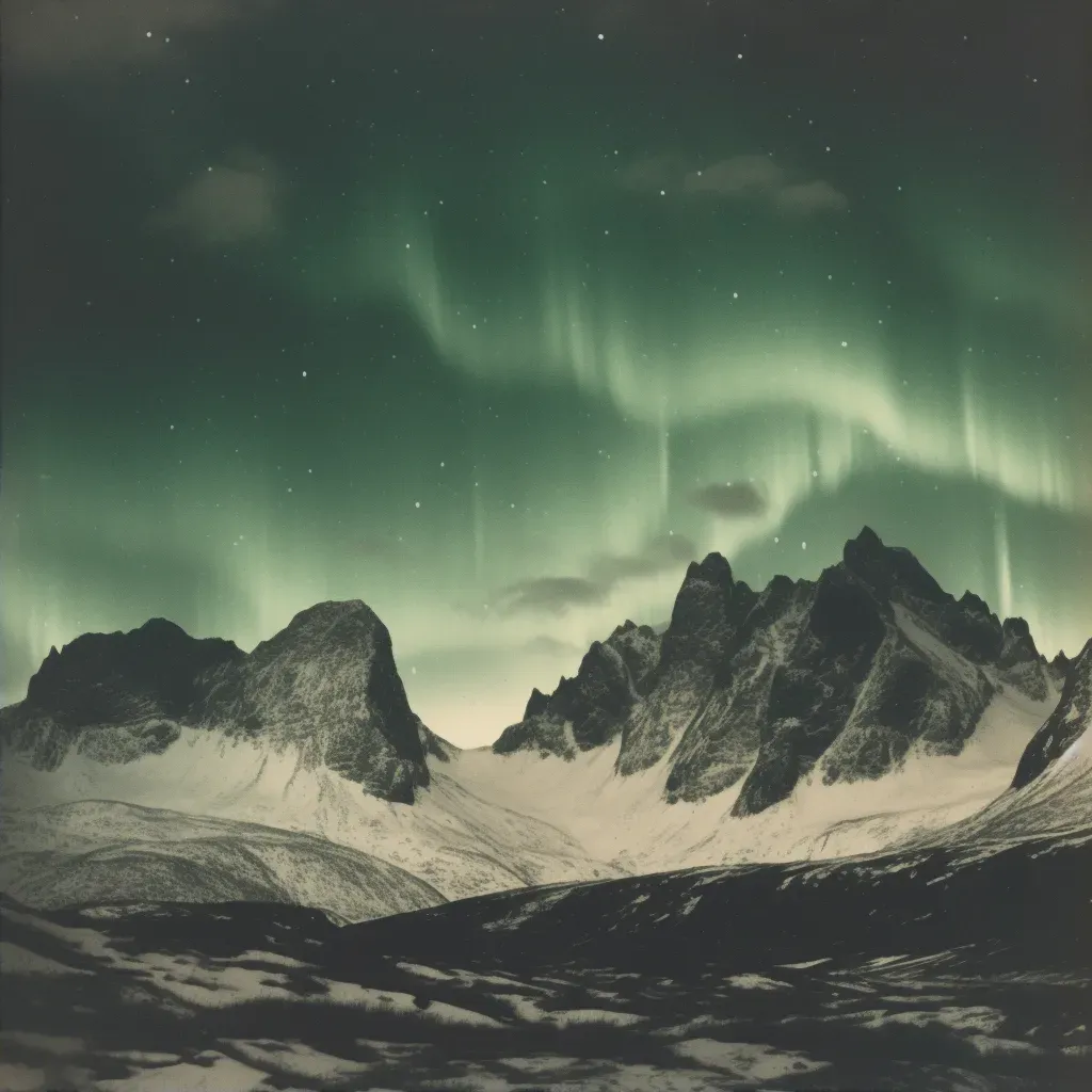 Snowy mountain range with northern lights in AI-generated image - Image 2