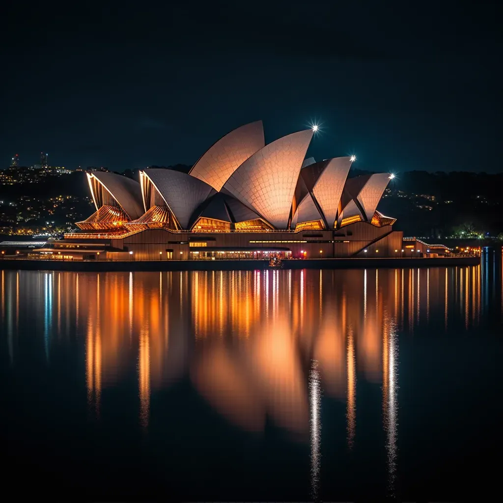 Sydney Opera House illuminated at night with reflection in Sydney Harbour - Image 1