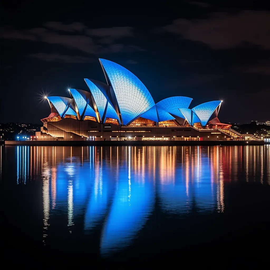 Sydney Opera House illuminated at night with reflection in Sydney Harbour - Image 2