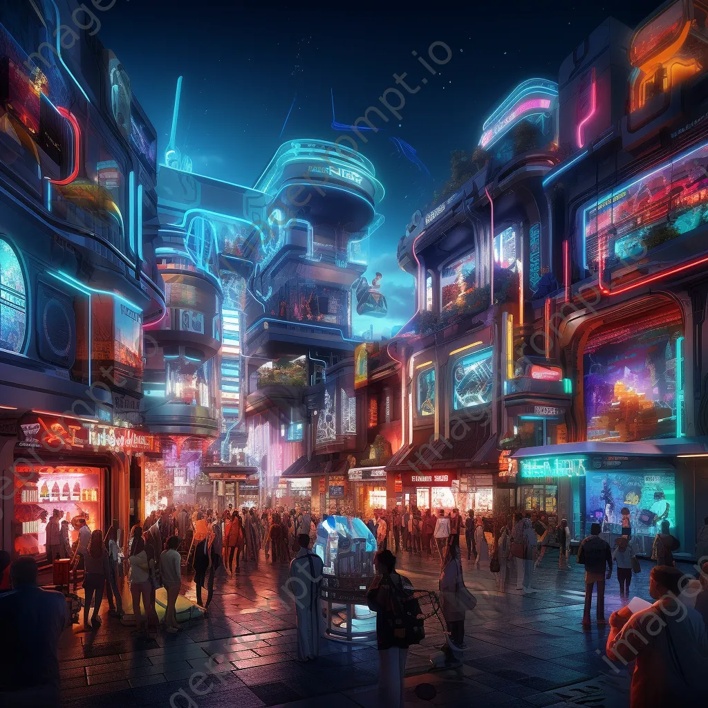 Futuristic marketplace with robotic vendors and colorful lights - Image 3