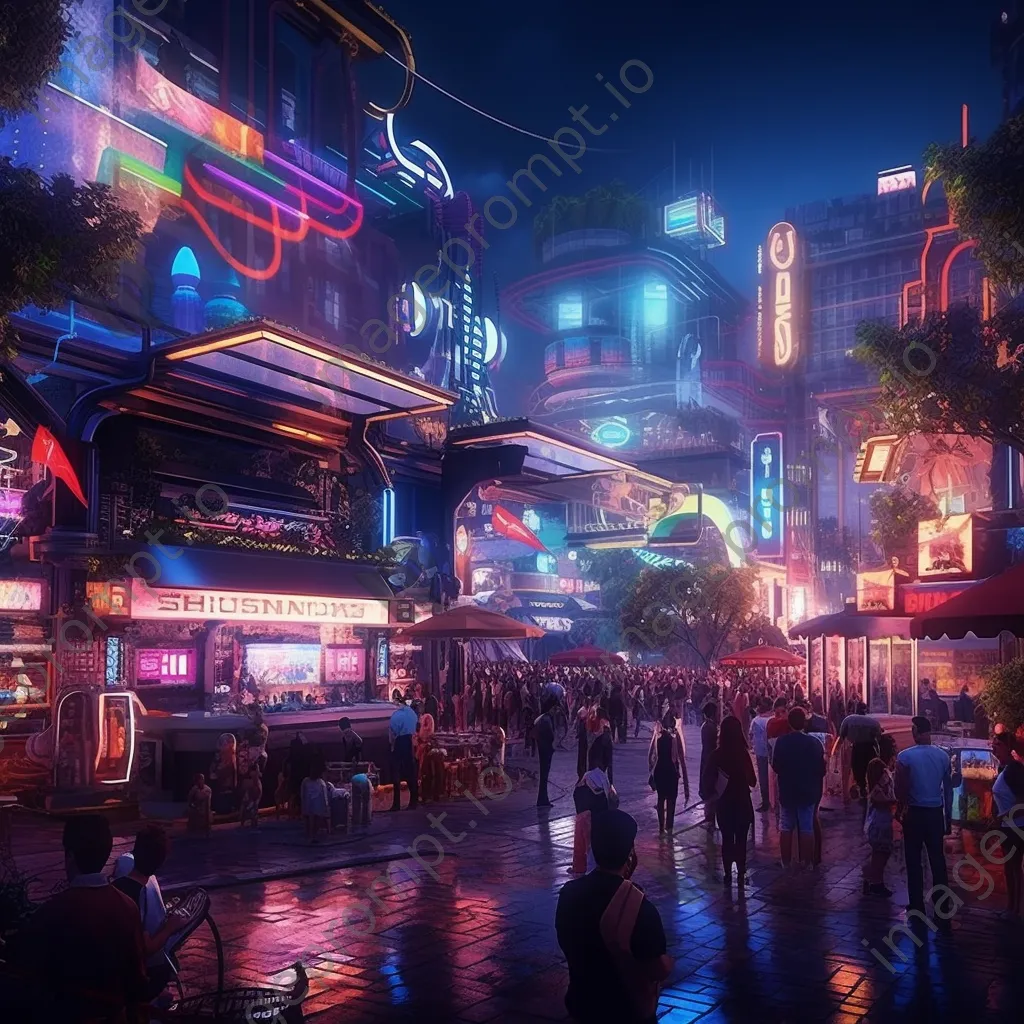 Futuristic marketplace with robotic vendors and colorful lights - Image 4